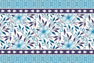 Mavi dikişsiz taç yaprakları deseni. Nakış işleme çiçek tasarımı. Bir taslak çiz. Çok az botanik geçmişi var. Zarif tekstil tekrarı. El çizimi çiçekler