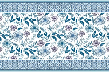 Mavi çizgili, çiçekli bir duvar kağıdı. Kusursuz botanik çizimi. Bir sıra işlemeli taç yaprakları. Modern tekstil arka planı. El çizimi çiçek tekrarı. asgari doku tasarımı
