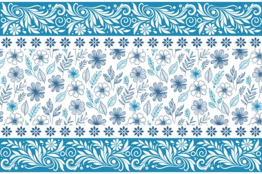 Mavi tekstil çiçek deseni. Eskiz nakış taslağı. Bir sıra çiçek elementleri. Kusursuz botanik geçmişi. Zarif el yaprakları çizilmiş. minimal dizayn yinelemesi