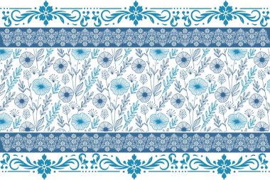 Mavi çiçek desenli tasarım. Botanik taslak taslağı. Kusursuz bir taç yaprağı. Minimum nakış elementleri. El yapımı doku. modern tekstil arkaplanı