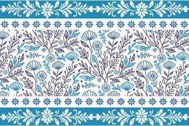 Mavi çiçekli yaprak dokusu. Kusursuz ana hatlı nakış. Bir çizgi taçyaprağı çizer. Zarif botanik desen. Temiz modern tekstil. El çizimi çiçek tekrarla