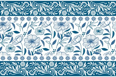 Mavi botanik tekrarı. Çiçek deseni çok az. Bir çizgi nakış eskizi. Zarif el yaprakları çizilmiş. Tekstil arka plan duvar kağıdı. modern tasarım