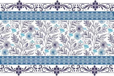 Mavi renkli tekstil sanatı. Bir çizgi nakış tasarımı. El çizimi botanik yaprakları. Kusursuz çizim kalıbı. Özgeçmişi temiz. modern çiçek tekrarı