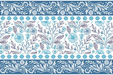 Mavi, pürüzsüz çiçek çizimi. Elle çizilmiş nakış. Botanik tasarım. Bir sıra taç yaprağı. En az tekstil tekrarı. modern çiçek duvar kağıdı