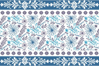 Bir sıra mavi nakış. Kusursuz çiçek çizimi. Modern botanik geçmişi. El çizimi yapraklar. Minimum özet tekrar. Zarif tekstil deseni