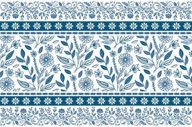 Mavi, pürüzsüz taç yaprakları. Çiçekli nakış eskizi. Bir çizgi botanik tasarımı. Zarif tekstil deseni. Özet çiçek dokusu. temiz modern arkaplan