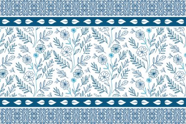 Mavi çiçekli elementlerin dokusu. Kusursuz modern taslak. Zarif bir çizgi deseni. Minimum çiçek çizimi. Nakış tekstil sanatı. Botanik tekrarlama tasarımı