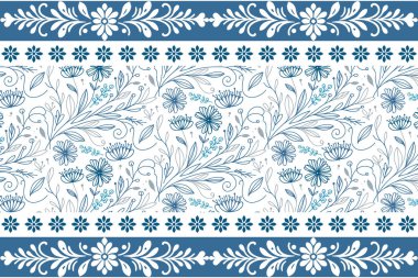 Mavi çiçekli, dikişsiz bir eskiz. Botanik geçmişini özetle. Zarif çiçek yaprakları. Elle çizilmiş nakış. Bir çizgi tekstil baskısı. modern minimal tasarım