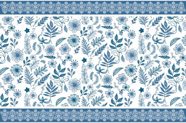 Mavi çiçek deseni. Zarif bir eskiz nakışı. Bir sıra çiçek sınırı. Kusursuz botanik sanatı. Temiz tekstil dokusu. modern minimal yineleme