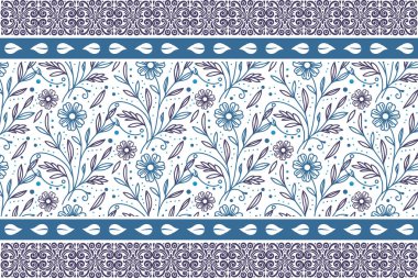 Mavi zarif çiçek tekrarı. Modern çiçekli taslak. Kusursuz çizim kalıbı. Botanik tek satırlık sanat. Temiz tekstil düzeni. Nakış işleme dokusu çok az