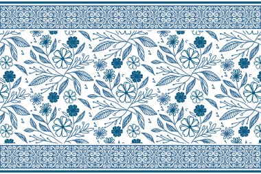 Mavi, pürüzsüz el yaprakları. Çiçek dokusunun ana hatları. Zarif botanik sınırı. Minimum çiçek tekrarlaması. Bir çizgi tekstil eskizi. modern temiz tasarım