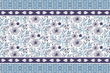 Mavi asgari çizim. Zarif çiçek elementleri. Kusursuz botanik duvar kağıdı. El çizimi çiçek yaprakları. Modern tekstil modeli. bir satır tasarımı