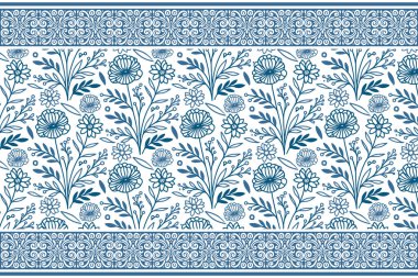 Mavi, dikişsiz çiçek deseni. Eskiz nakış deseni. Modern botanik taslağı. Zarif çiçek tasarımı. Bir çizgi dokuyu tekrarlıyor. temiz tekstil düzeni