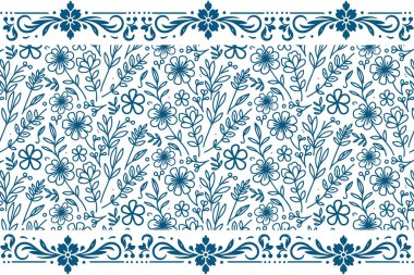 Mavi zarif bir çiçek sırası. Kusursuz çizim kalıbı. Botanik el izi. Çiçek işlemeli kumaş. Taslak tekstil arka planı. bir çizgi taç yaprakları