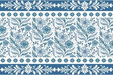 Mavi zarif bir çiçek sırası. Kusursuz çizim kalıbı. Botanik el izi. Çiçek işlemeli kumaş. Taslak tekstil arka planı. bir çizgi taç yaprakları