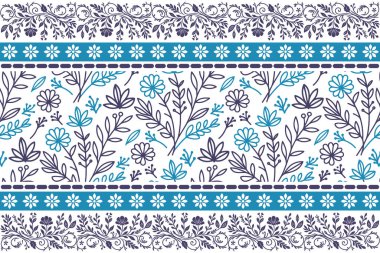 Mavi tekstil botanik izi. Kusursuz çiçek çizimi. Modern çiçek taslağı. Bir sıra zarif taç yaprakları. Nakış işleme sınır tasarımı. Duvar kağıdını temizle