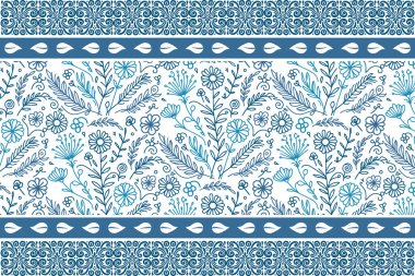 Mavi çiçekli minimalist tarzda. Bir çizgi botanik çizimi. Kusursuz zarif taç yaprakları. Temiz çiçek tasarımı. Tekstil nakış deseni. modern arkaplan tekrarı