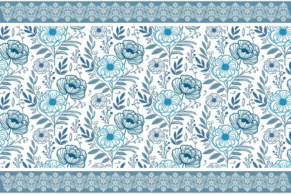 Mavi ana hatlı nakış elementleri. El çizimi çiçek dokusu. Kusursuz eskiz yaprakları. Tek satır modern arka plan. Tekstil botanik tasarımı. en küçük çiçek yinelemesi