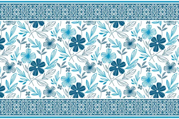 Mavi çiçek desenli. Dikensiz nakış deseni. En az bir çizgi tasarımı. Ana hatlarıyla botanik yaprakları. El yapımı tekstil arka planı. modern çiçek tekrarı