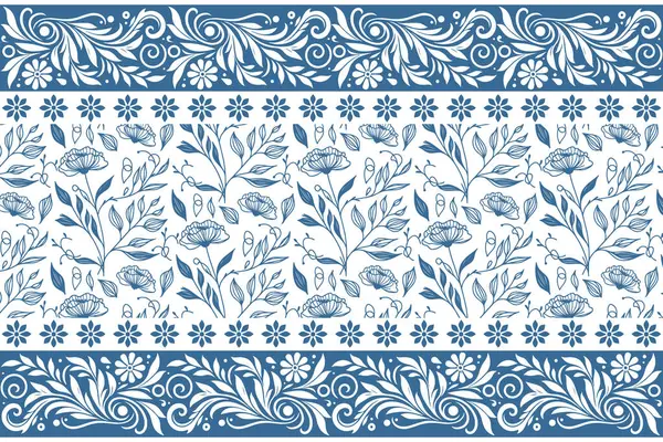 Mavi botanik dokusu. Bir sıra çiçek deseni. Kusursuz işlemeli arka plan. Elle çizilmiş taç yaprakları. Çiçeklerle ilgili özet geç. zarif modern tasarım