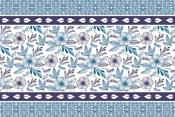 Mavi asgari ana hatlı yapraklar. Kusursuz çiçekli nakış nakışı. El çizimi botanik desen. Modern tekstil eskizi. Bir çizgi çiçek tekrarlıyor. temiz arkaplan tasarımı