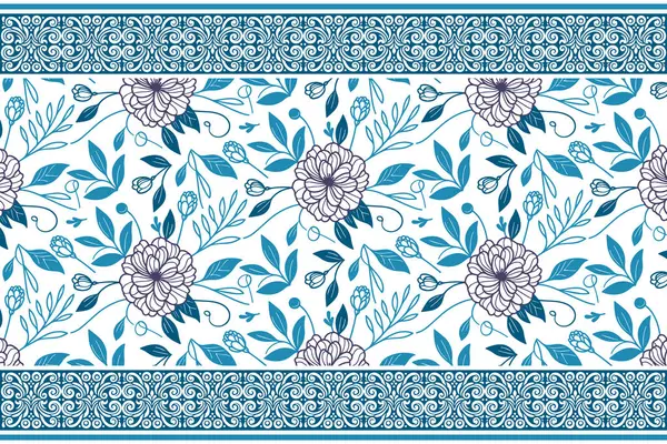 Mavi çiçekli kumaş deseni. El işlemesi işlemeli taç yaprakları. Bir çizgi botanik çizimi. Kusursuz bir arka plan. Modern tasarım elementleri en küçük çiçek yinelemesi