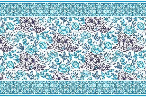 Mavi, dikişsiz çiçek nakışı. El çizimi çiçek yaprakları. Minimum botanik tasarım. Bir çizgi çizimi. Tekstil tekrar dokusu. temiz modern arkaplan