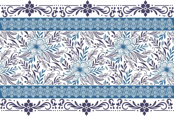 Mavi, temiz çiçek arkaplanı. Minimum nakış eskizi. Bir sıra çiçek özeti. Kusursuz tekstil deseni. Botanik yapraklar tekrar eder. modern tasarım dokusu