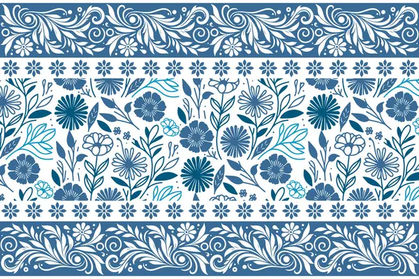 Mavi modern çiçek çizimi. Bir çizgi nakış tekrar ediyor. Botanik el yaprakları çizdi. Kusursuz ana hatları var. Tekstil duvar kağıdı arka planı. temiz asgari tasarım