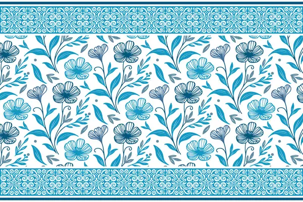Mavi dikişsiz nakışlı taç yaprakları. Botanik tekrarı. Zarif çiçek deseni. El çizimi tasarım. Çok az tekstil geçmişi var. bir satır ögesi