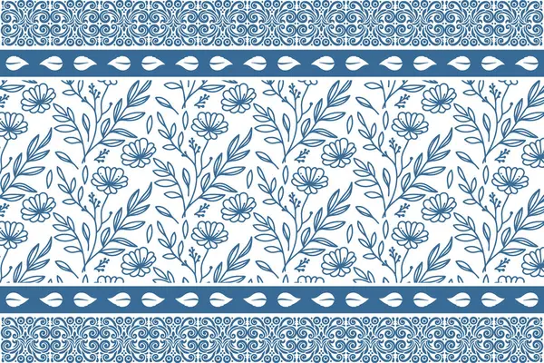 Mavi tek çizgi deseni. Kusursuz çiçekli nakış nakışı. Botanik el çizimi çizimi. Modern taslak yapraklar. Temiz tekstil dokusu. Zarif çiçek arkaplanı