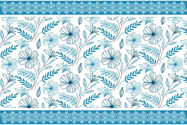 Mavi zarif çiçek çizimi. Kusursuz tekstil tekrarı. El yapımı botanik nakış. Bir sıra çiçek tasarımı. Modern taslak yapraklar. Temiz arkaplan dokusu