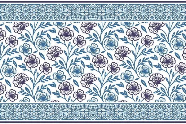 Mavi, kusursuz tekstil çizimi. Çiçeksel özgeçmiş. Modern botanik elementleri. Bir çizgi işlemeli taç yaprakları. Zarif çiçek tekrarlıyor. temiz desen tasarımı