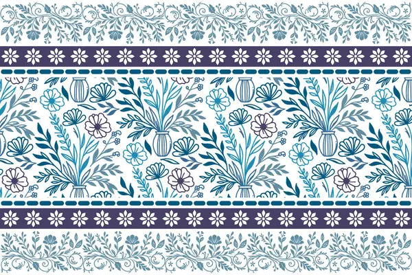 Mavi çiçekli mutfak deseni. Bir çizgi işlemeli taç yaprakları. Botanik eskiz dokusu. Kusursuz tasarım. El yapımı tekstil. en küçük çiçek yinelemesi