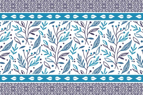 Mavi zarif çiçekli kenar. Bir çizgi botanik taç yaprakları. Kusursuz tekstil eskizi. Modern nakış deseni. El çizimi çiçekler. arkaplanı temizle