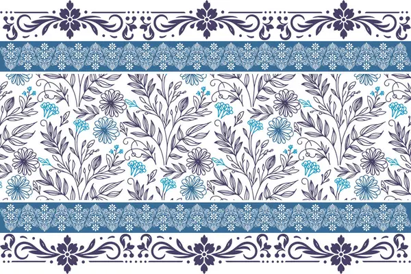 Mavi renkli tekstil sanatı. Bir çizgi nakış tasarımı. El çizimi botanik yaprakları. Kusursuz çizim kalıbı. Özgeçmişi temiz. modern çiçek tekrarı