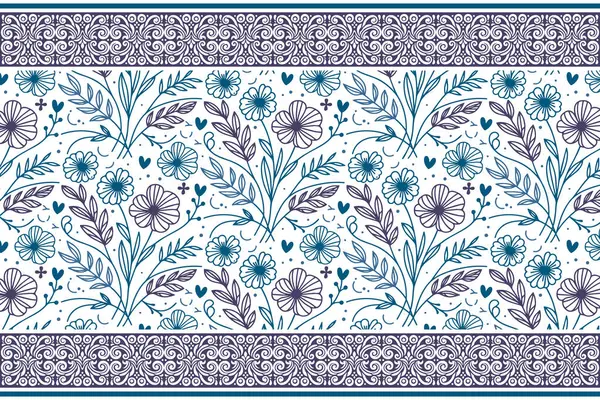 Mavi minimum çiçek elementleri. Bir çizgi nakış eskizi. Kusursuz botanik desen. El çizimi çiçek tasarımı. Modern tekstil dokusu. Zarif duvar kağıdı tekrarı