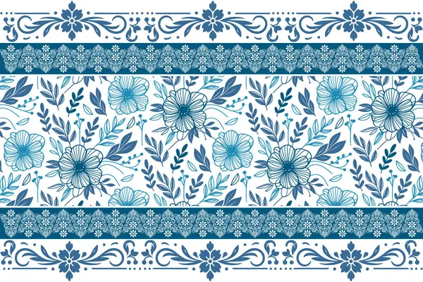 Mavi çiçekli hatlar tekrar ediyor. Bir çizgi çizimi kalıbı. Kusursuz botanik sınırı. Zarif tekstil elementleri. Minimum nakış işlemeli çiçekler. temiz modern biçim