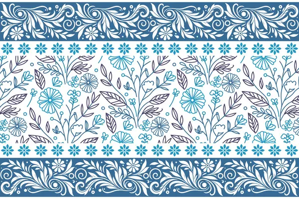 Mavi, pürüzsüz çiçek çizimi. Elle çizilmiş nakış. Botanik tasarım. Bir sıra taç yaprağı. En az tekstil tekrarı. modern çiçek duvar kağıdı