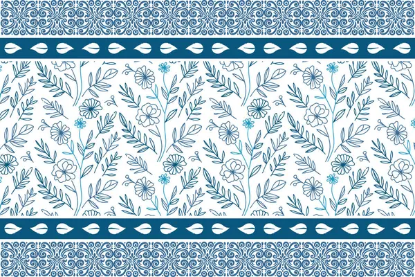 Mavi çiçekli elementlerin dokusu. Kusursuz modern taslak. Zarif bir çizgi deseni. Minimum çiçek çizimi. Nakış tekstil sanatı. Botanik tekrarlama tasarımı