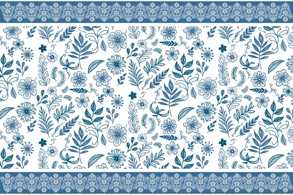 Mavi çiçek deseni. Zarif bir eskiz nakışı. Bir sıra çiçek sınırı. Kusursuz botanik sanatı. Temiz tekstil dokusu. modern minimal yineleme
