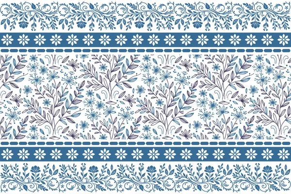 Mavi çiçek çizimi tekrarlanıyor. Kusursuz nakış hatları var. Minimum botanik taç yaprakları. Temiz çiçek tasarımı. El yapımı tekstil. tek çizgi deseni