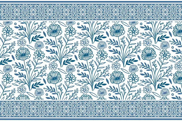 Mavi, dikişsiz çiçek deseni. Eskiz nakış deseni. Modern botanik taslağı. Zarif çiçek tasarımı. Bir çizgi dokuyu tekrarlıyor. temiz tekstil düzeni