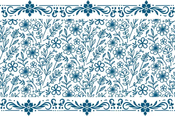 Mavi zarif bir çiçek sırası. Kusursuz çizim kalıbı. Botanik el izi. Çiçek işlemeli kumaş. Taslak tekstil arka planı. bir çizgi taç yaprakları
