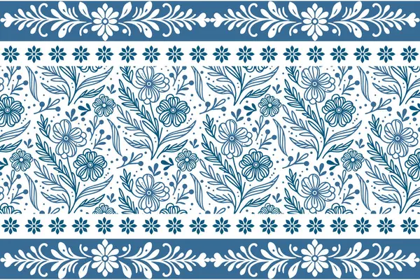Mavi zarif bir çiçek sırası. Kusursuz çizim kalıbı. Botanik el izi. Çiçek işlemeli kumaş. Taslak tekstil arka planı. bir çizgi taç yaprakları