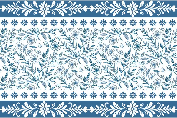 Mavi soyut çiçek tekrarı. Çiçek dokusu çok az. Bir çizgi taçyaprağı çizer. Zarif nakış tasarımı. Botanik tekstil düzeni. kusursuz modern arkaplan