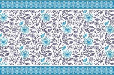 Mavi, pürüzsüz modern desen. Çiçeksel eskiz nakışı. Zarif botanik yaprakları. Bir sıra çiçek tasarımı. Taslak tekstil arka planı. Temiz moda dokusu