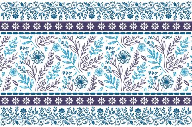 Mavi botanik tekstil tasarımı. Kusursuz çiçek çizimi. El çizimi taç yaprakları. Bir sıra nakışlı kenar. Modern tekrarlama kalıbı. Temiz çiçek sanatı