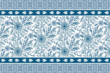 Mavi çiçekli desen düzeni. Kusursuz çizgi elementleri. Botanik çiçek skeci. Tek sıra modern sınır. Zarif kumaş. el çizimi arkaplan
