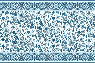 Mavi çiçek eskizi nakış. Botanik kusursuz sınır. Zarif taslak yapraklar. Bir sıra çiçek tekrarı. Modern tekstil duvar kağıdı. Temiz tasarım dokusu